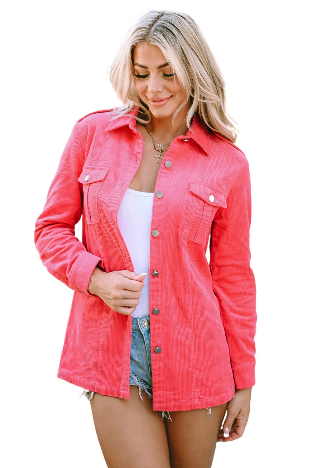 Buttoned Flap Pocket Pink Corduroy Jacket