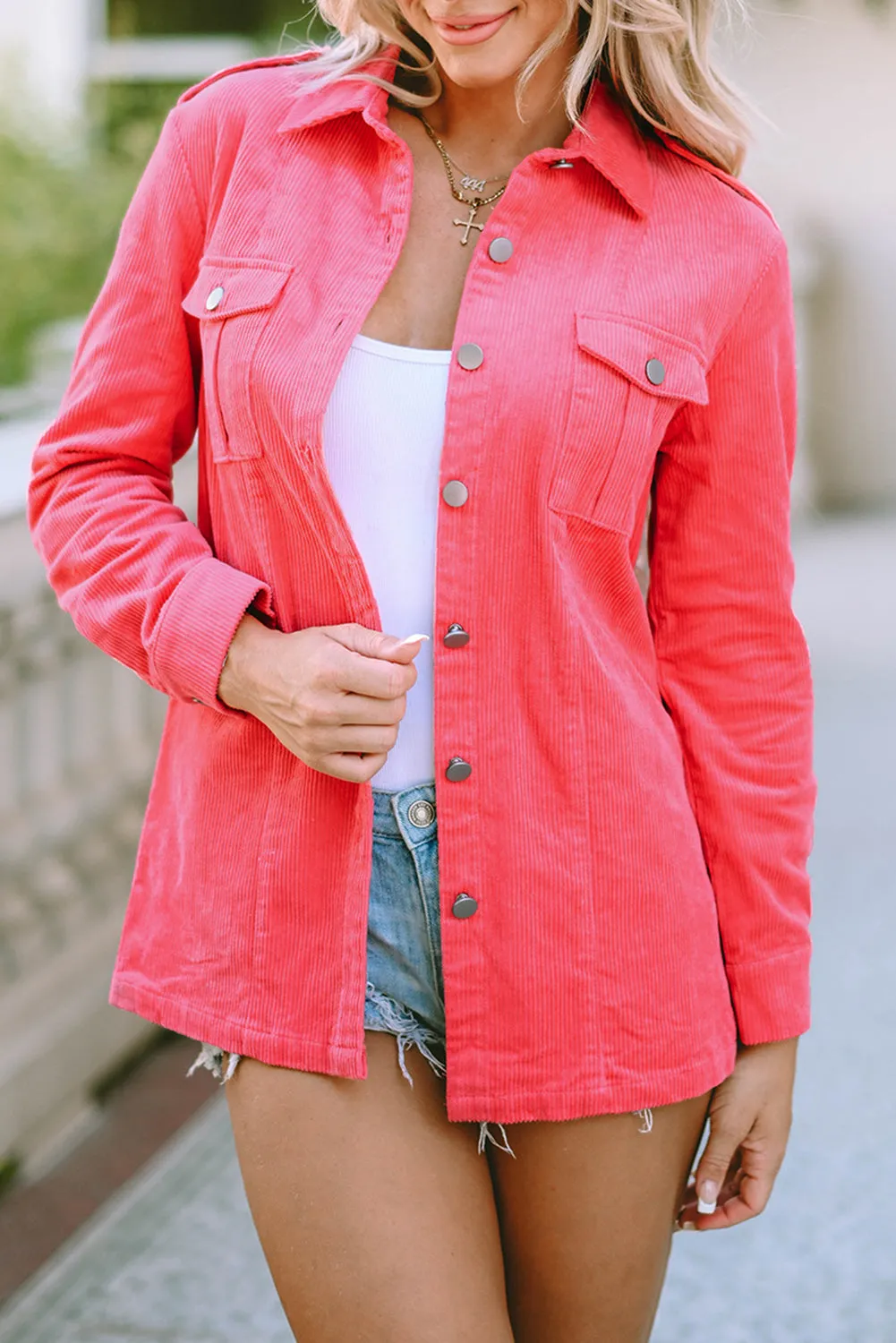 Buttoned Flap Pocket Pink Corduroy Jacket