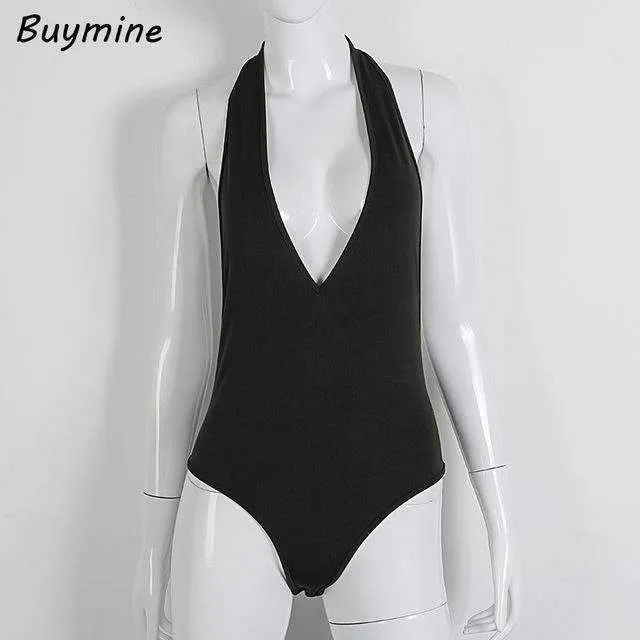 Buymine Deep V Sexy Bodysuit With Body Chain Backless Women Short Jumpsuit Sequined Halter Skinny Bodysuit Push Up Rompers Femme