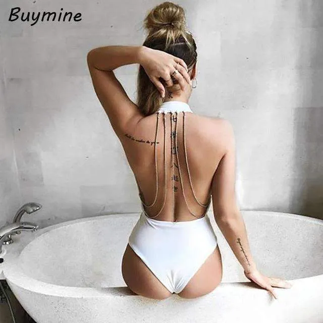Buymine Deep V Sexy Bodysuit With Body Chain Backless Women Short Jumpsuit Sequined Halter Skinny Bodysuit Push Up Rompers Femme