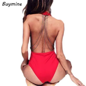 Buymine Deep V Sexy Bodysuit With Body Chain Backless Women Short Jumpsuit Sequined Halter Skinny Bodysuit Push Up Rompers Femme