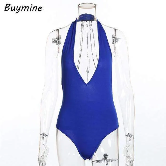 Buymine Deep V Sexy Bodysuit With Body Chain Backless Women Short Jumpsuit Sequined Halter Skinny Bodysuit Push Up Rompers Femme