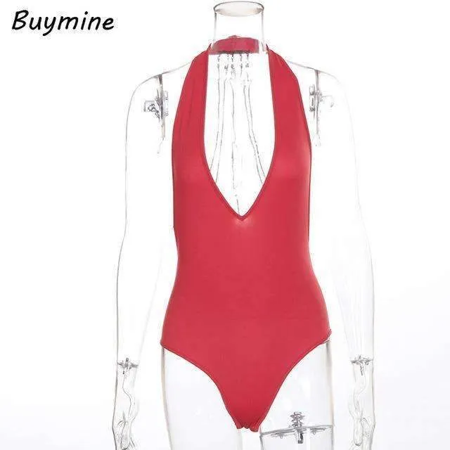 Buymine Deep V Sexy Bodysuit With Body Chain Backless Women Short Jumpsuit Sequined Halter Skinny Bodysuit Push Up Rompers Femme