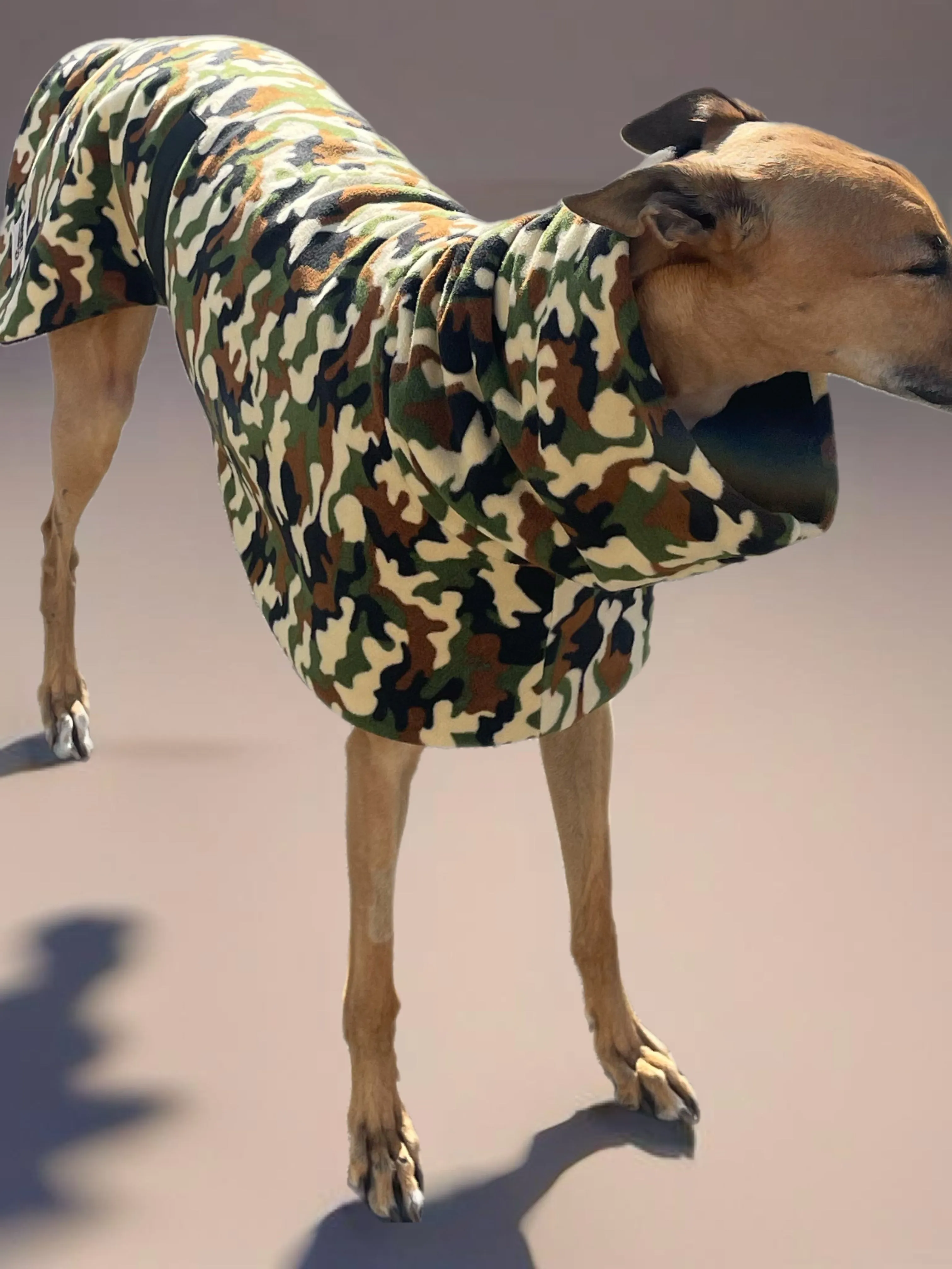Cammo green print deluxe style greyhound coat camouflage double polar fleece washable