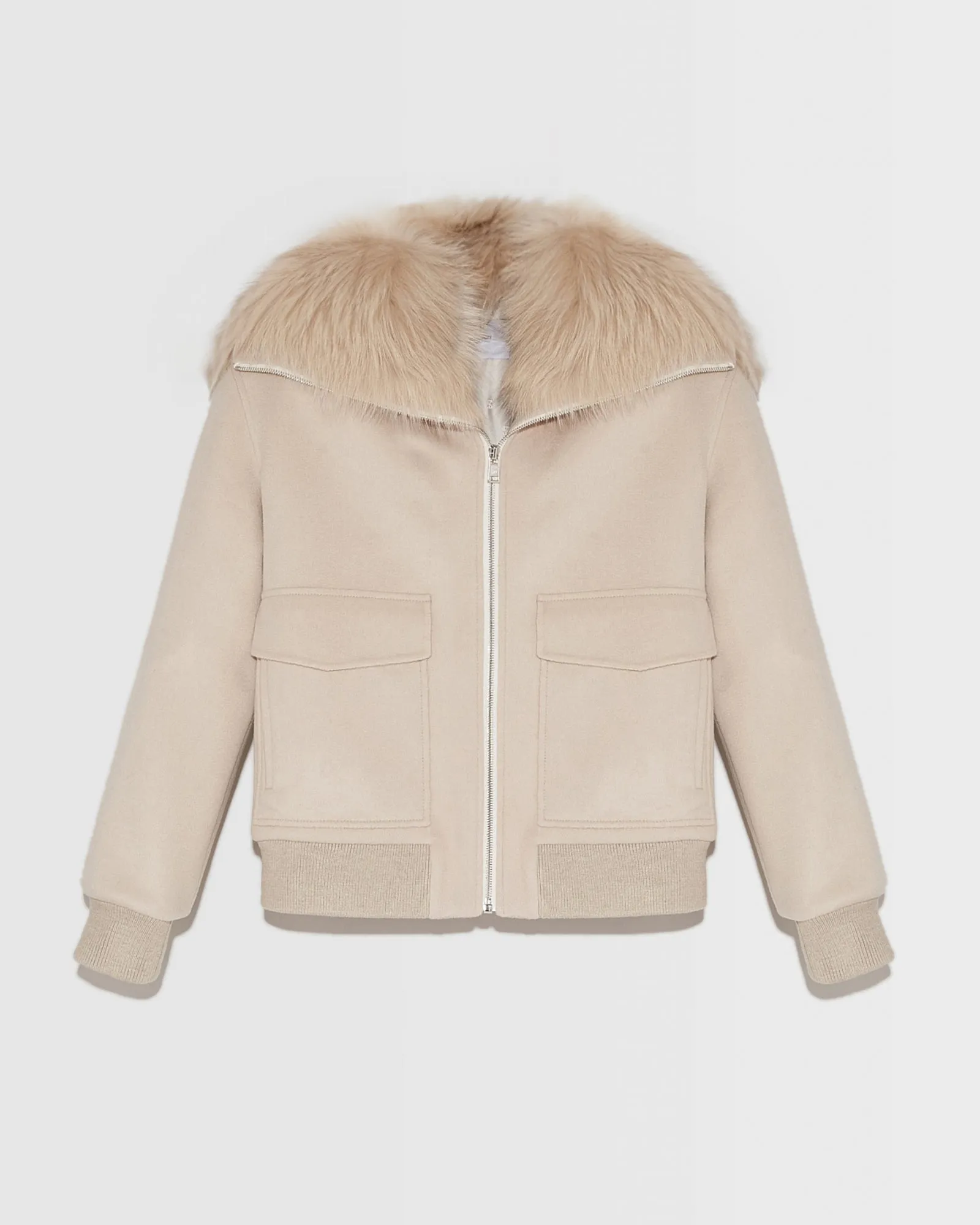 Cashmere woollen fabric jacket with fox fur collar