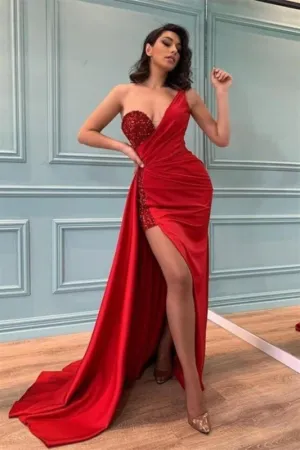Charming  Red Mermaid Prom One Shoulder Sequined Long Evening Dress