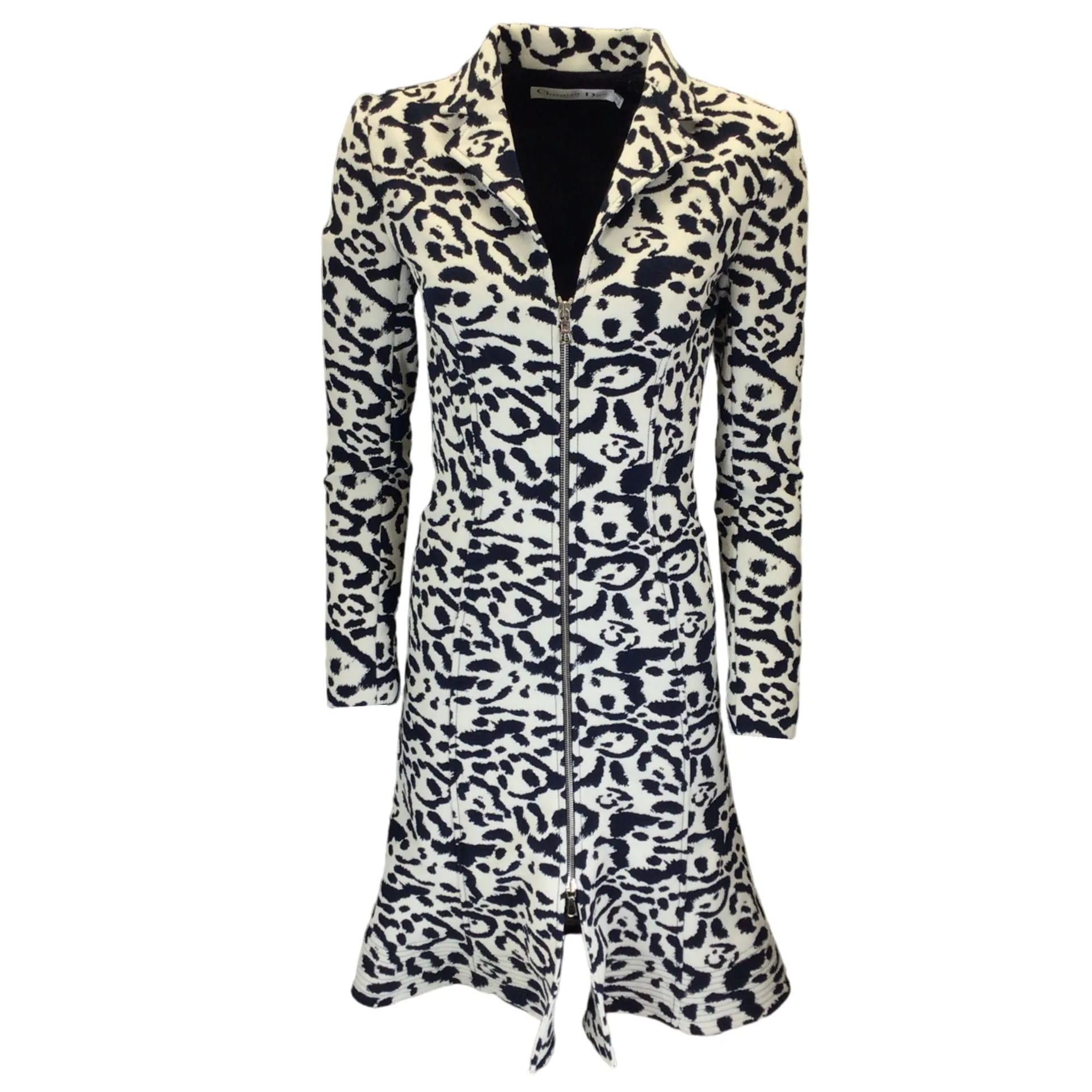 Christian Dior White / Navy Blue Animal Print Zip-Front Coat