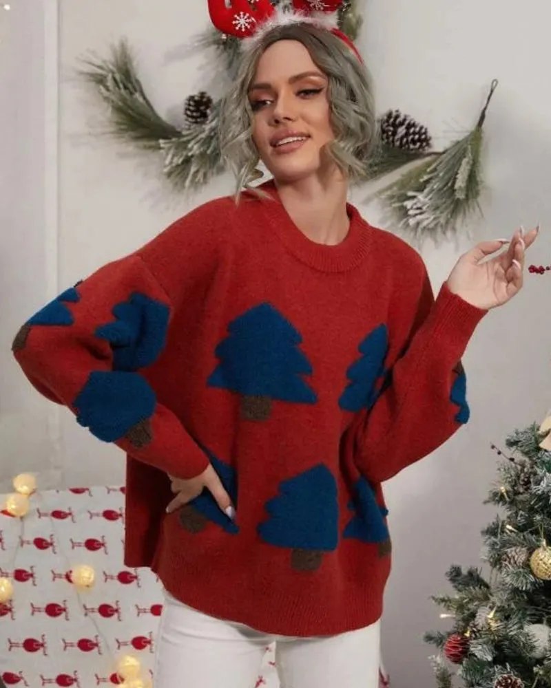 Christmas Tree Knit Cartoons Contrast Oversize Sweater