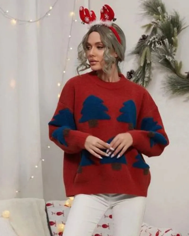 Christmas Tree Knit Cartoons Contrast Oversize Sweater