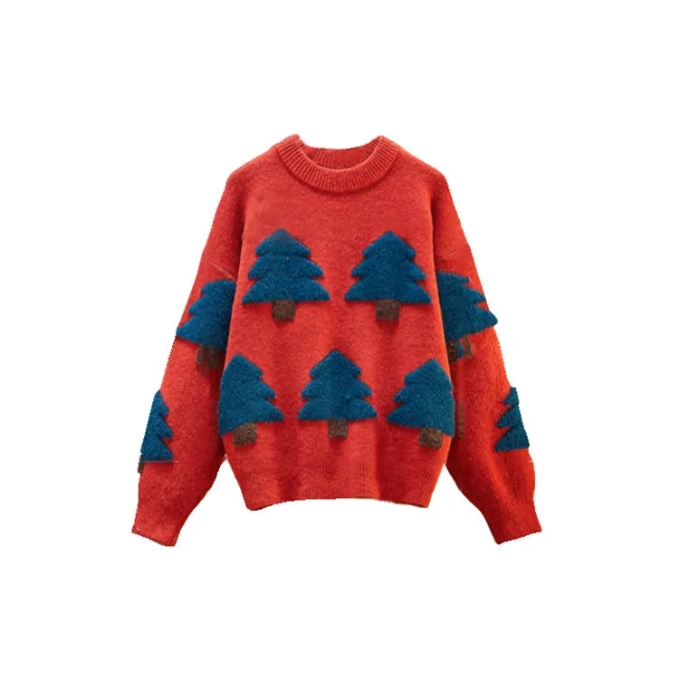 Christmas Tree Knit Cartoons Contrast Oversize Sweater