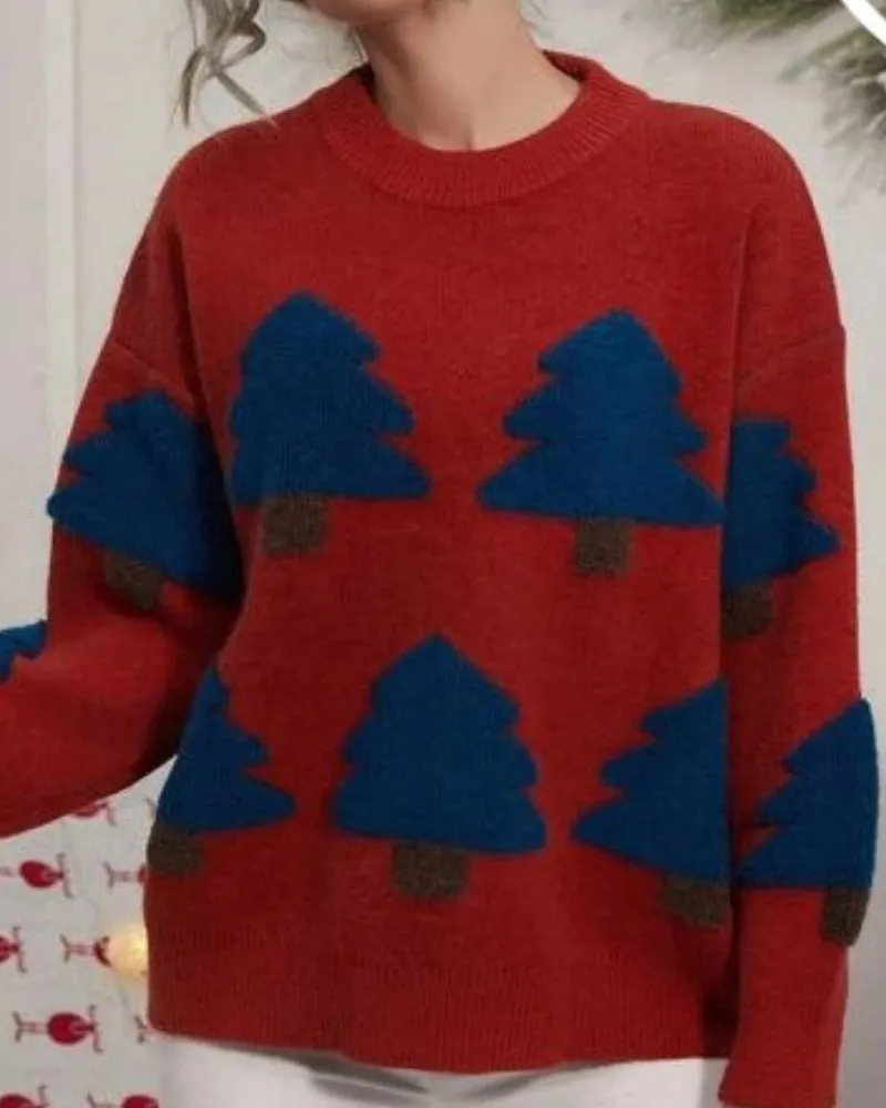 Christmas Tree Knit Cartoons Contrast Oversize Sweater