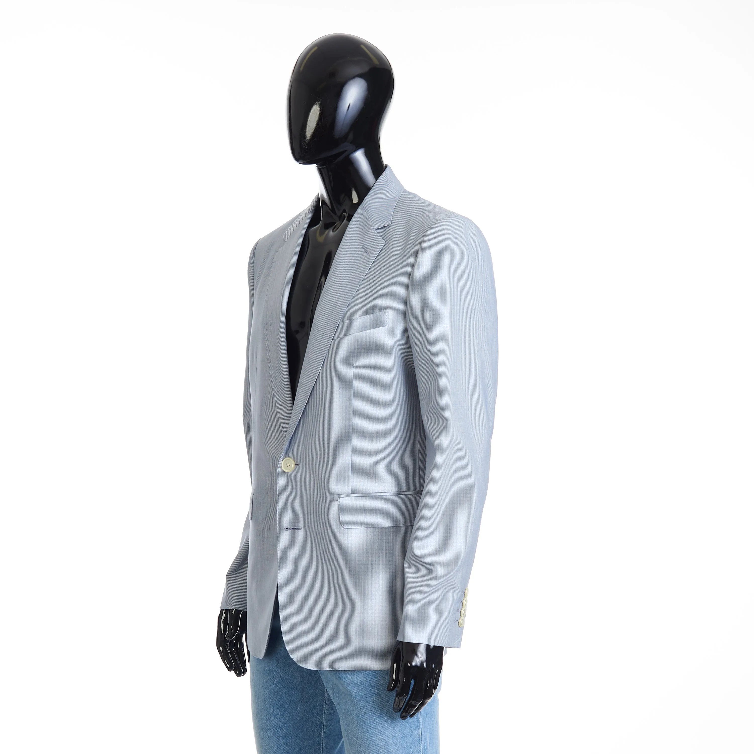 Classic Blazer Jacket - Blue/White Striped Wool & Silk