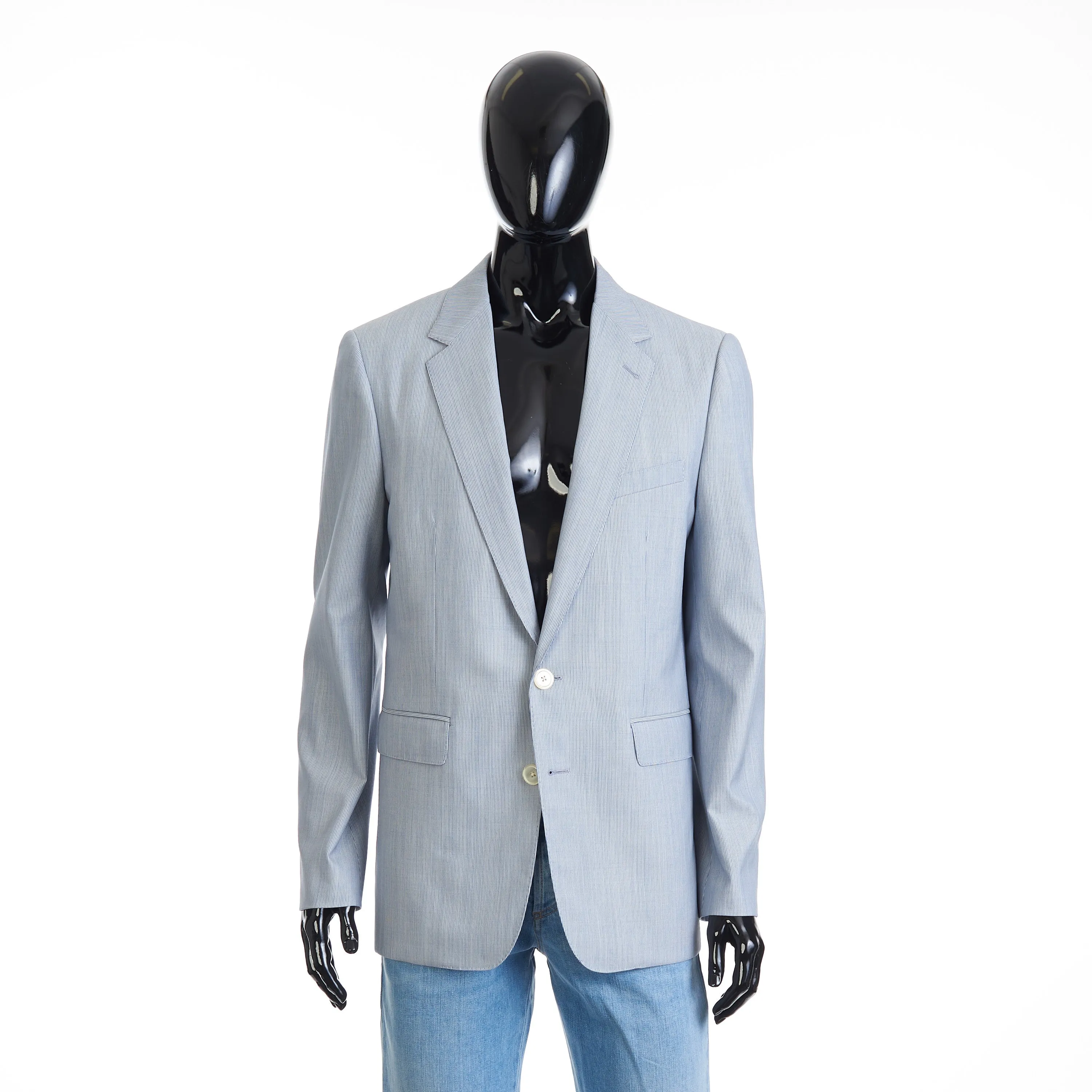 Classic Blazer Jacket - Blue/White Striped Wool & Silk