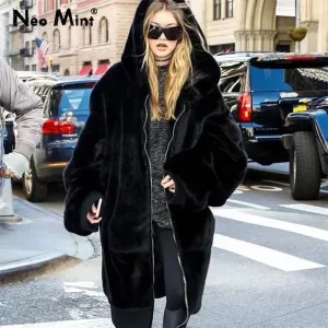 Coat Winter Runaway Plush Warm Voice-activated Jacket Fashion Rabbit Women Faux Brand Zip Limited edition Thick Fur Luxury Overcoats Long Fake Hooded Fur