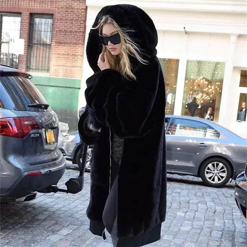 Coat Winter Runaway Plush Warm Voice-activated Jacket Fashion Rabbit Women Faux Brand Zip Limited edition Thick Fur Luxury Overcoats Long Fake Hooded Fur