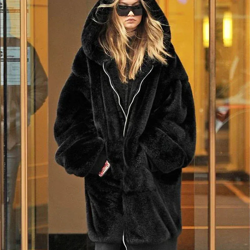 Coat Winter Runaway Plush Warm Voice-activated Jacket Fashion Rabbit Women Faux Brand Zip Limited edition Thick Fur Luxury Overcoats Long Fake Hooded Fur