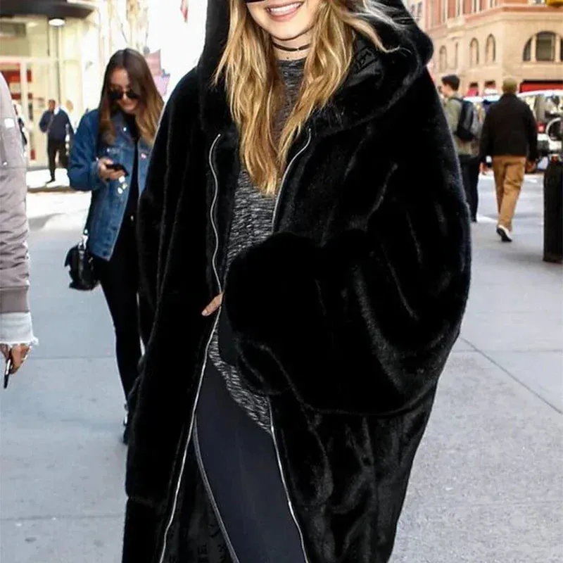 Coat Winter Runaway Plush Warm Voice-activated Jacket Fashion Rabbit Women Faux Brand Zip Limited edition Thick Fur Luxury Overcoats Long Fake Hooded Fur