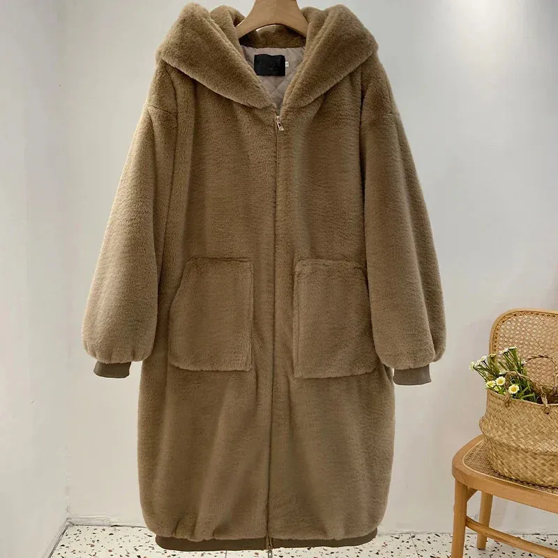 Coat Winter Runaway Plush Warm Voice-activated Jacket Fashion Rabbit Women Faux Brand Zip Limited edition Thick Fur Luxury Overcoats Long Fake Hooded Fur