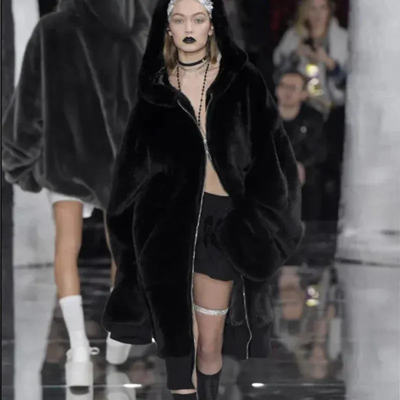 Coat Winter Runaway Plush Warm Voice-activated Jacket Fashion Rabbit Women Faux Brand Zip Limited edition Thick Fur Luxury Overcoats Long Fake Hooded Fur