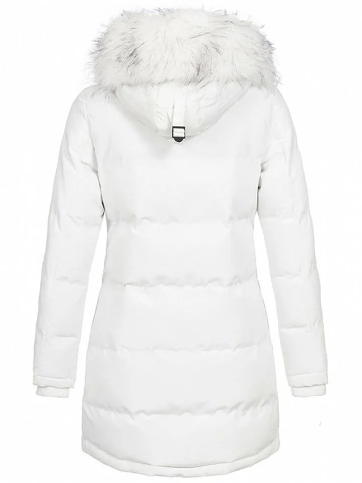 Comfortable Zipper Button Pocket Fur Collar Hooded Padded Coat