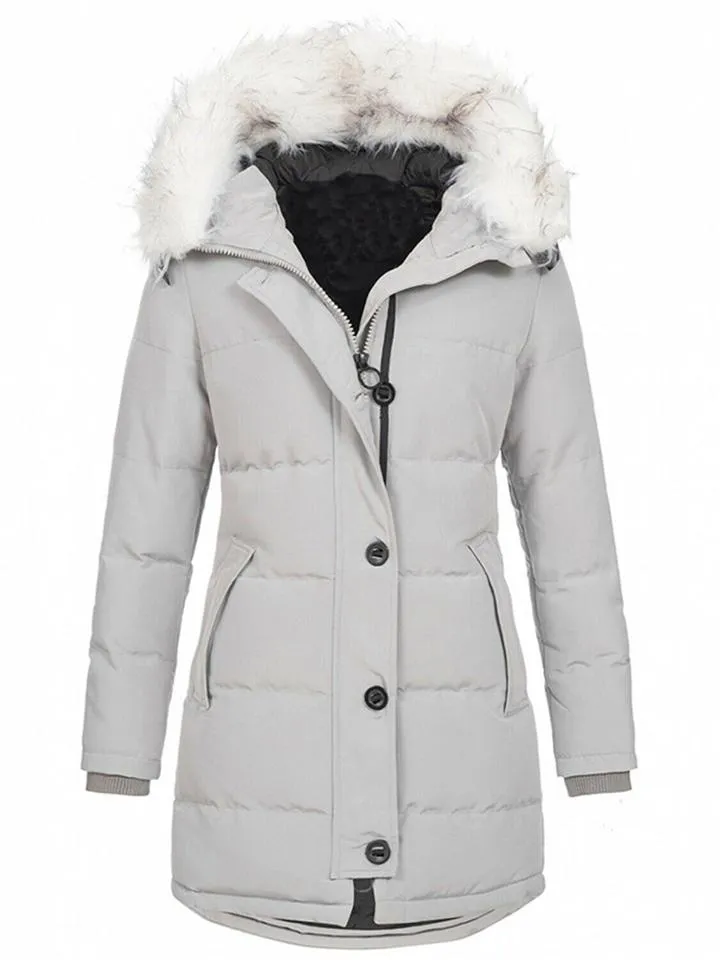 Comfortable Zipper Button Pocket Fur Collar Hooded Padded Coat