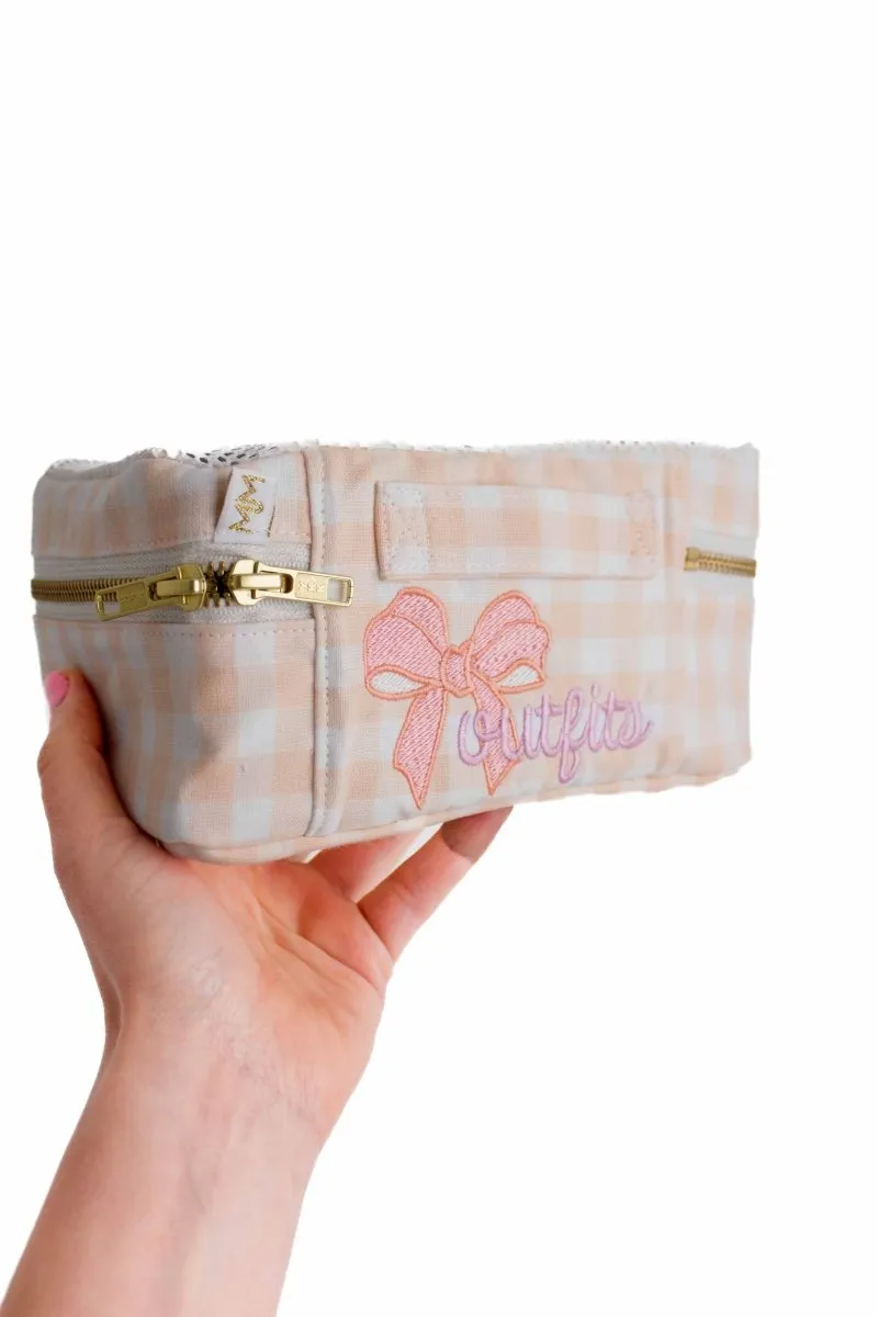 Coral Gingham Mini Luggage Cube "Outfits"   Bow