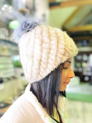 Cream & Grey Mink Fox Pom Beanie