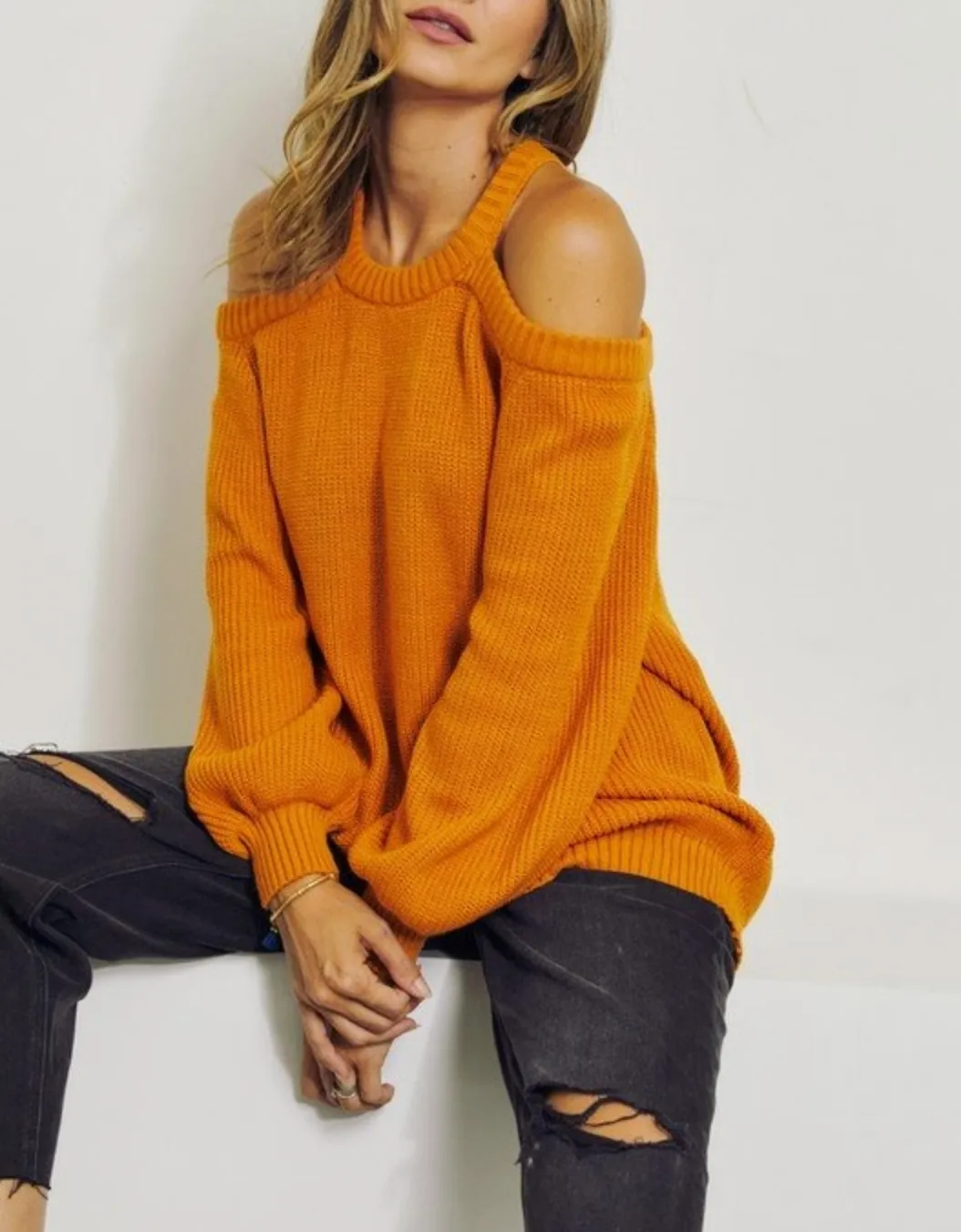 CROSS-BACK COLD-SHOULDER SWEATER