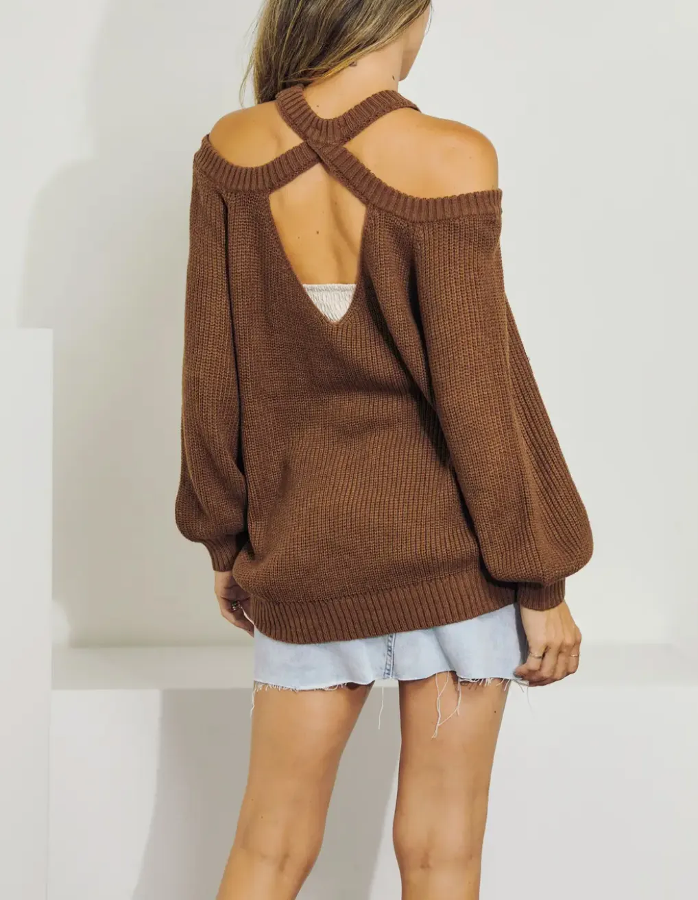 CROSS-BACK COLD-SHOULDER SWEATER