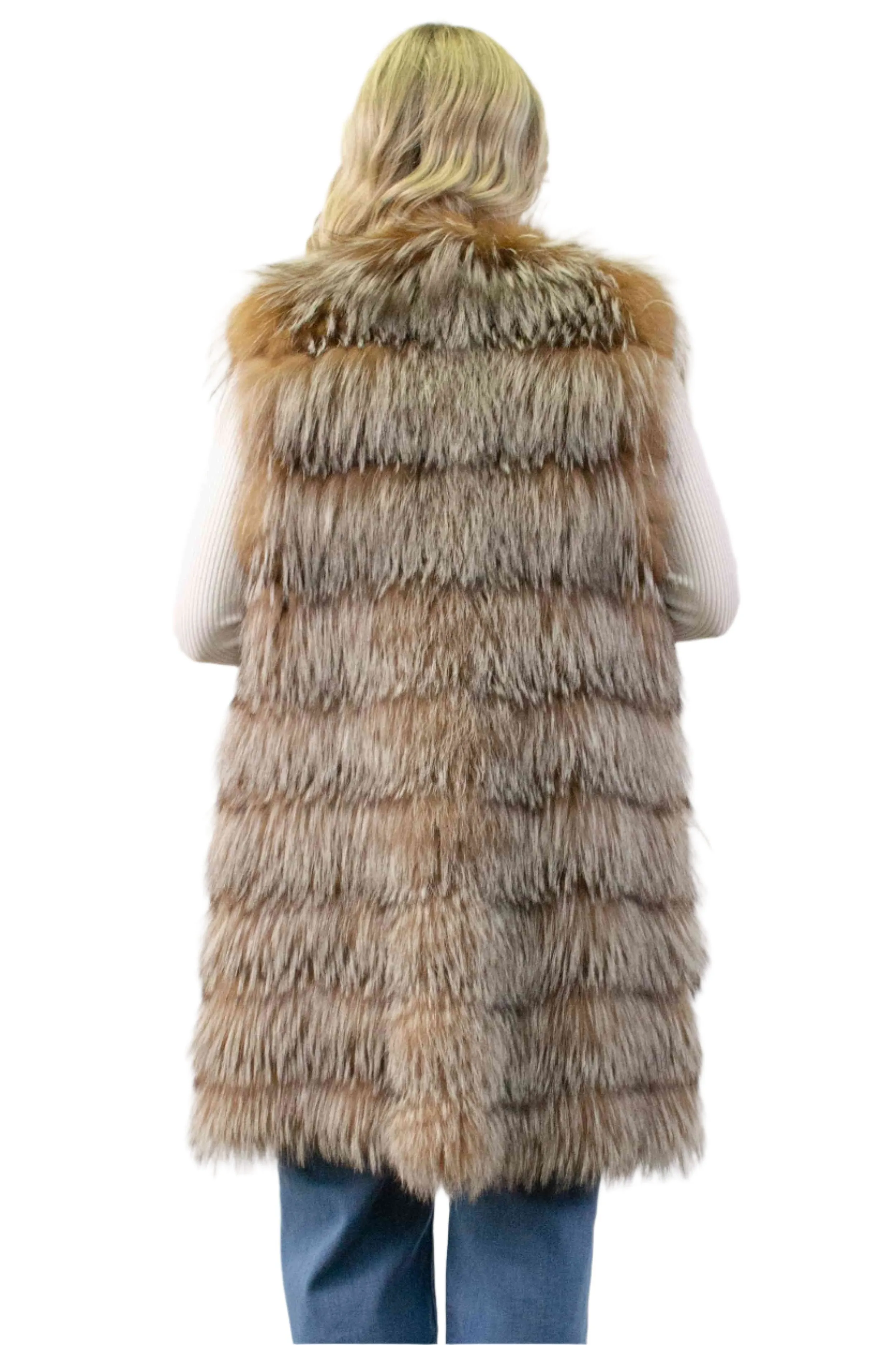 Crystal Fox Fur Vest with Leather Inserts