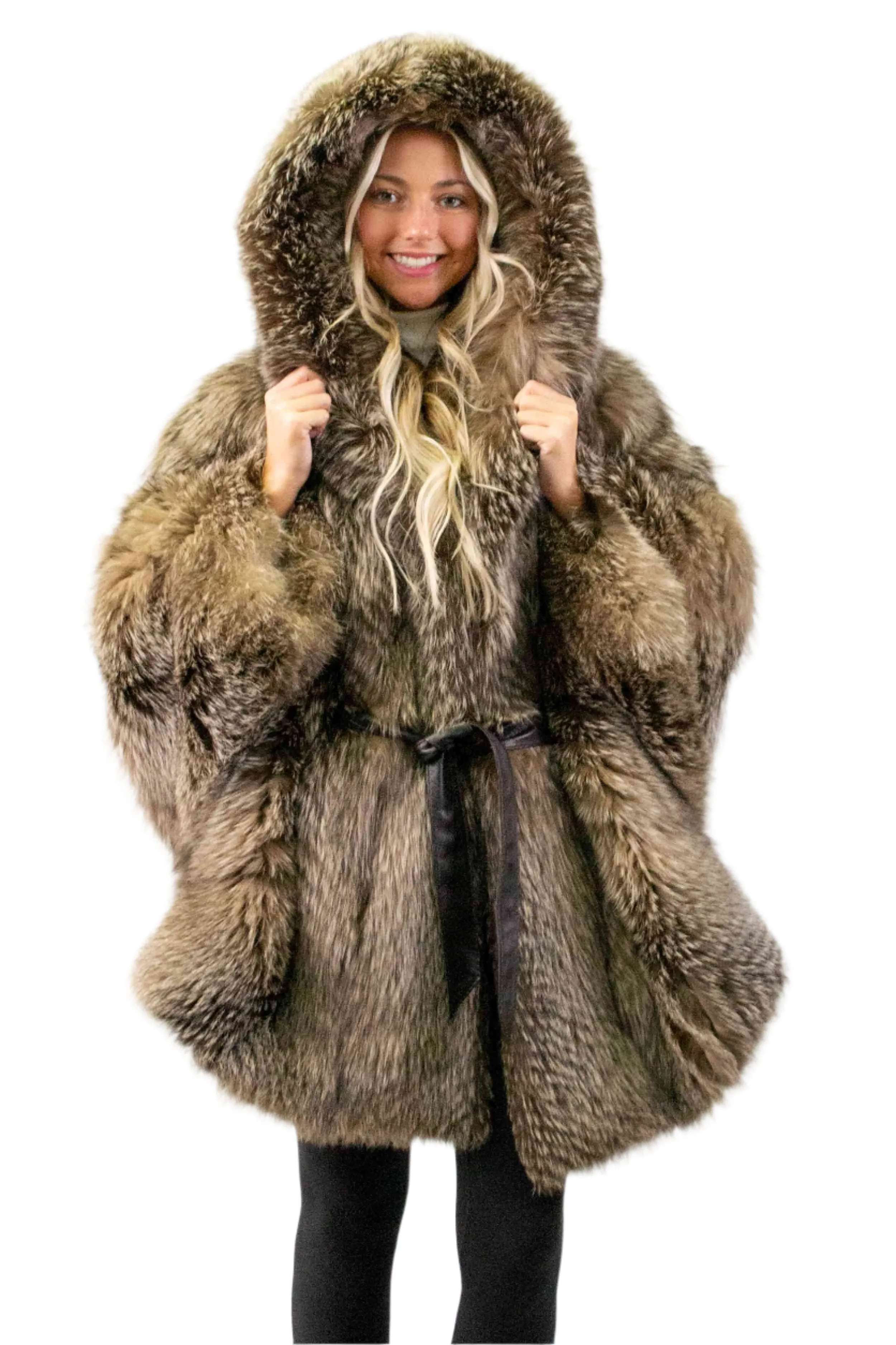 Dark Crystal Fox Fur Cape with Hood & Leather Belt