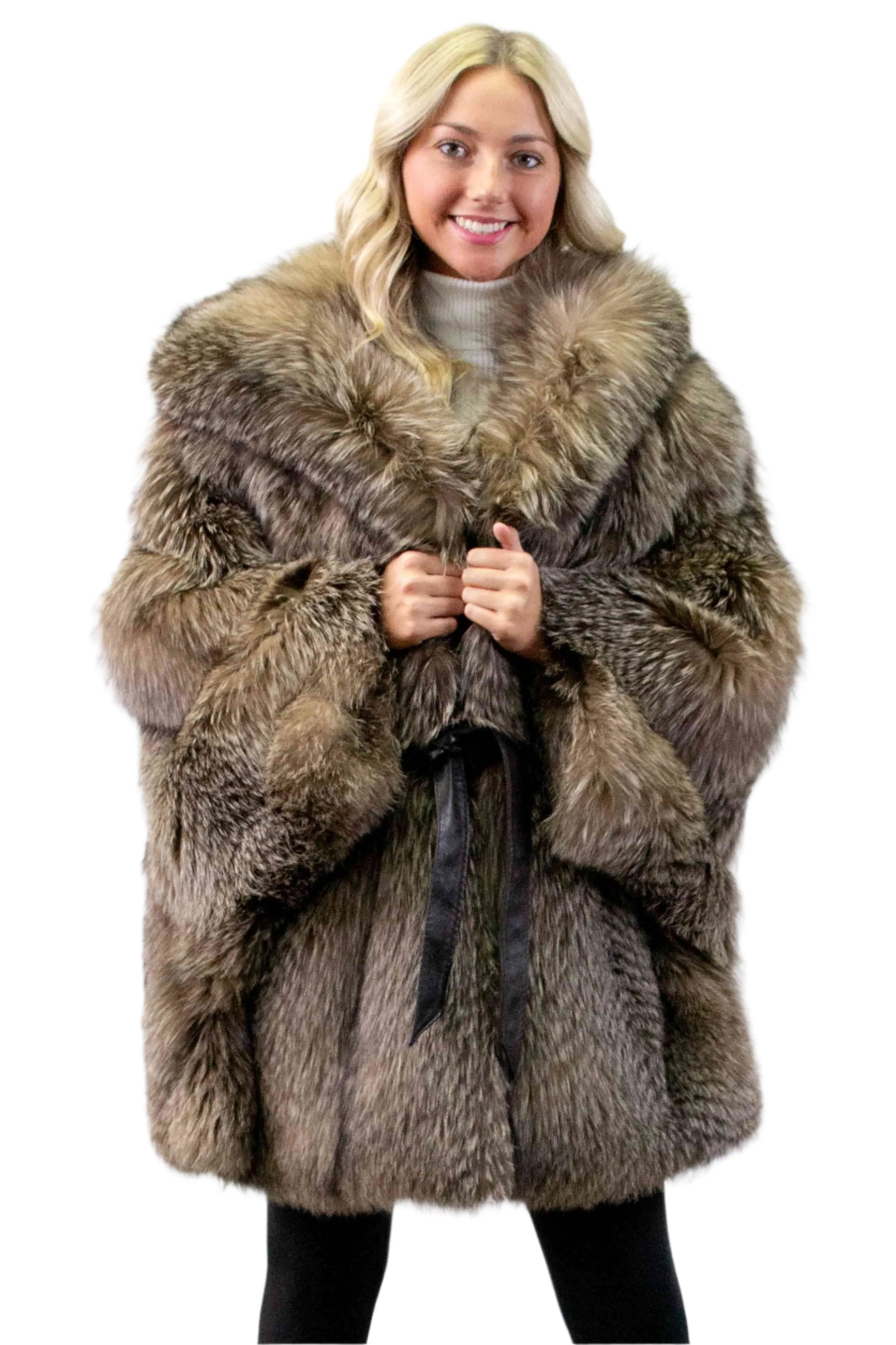 Dark Crystal Fox Fur Cape with Hood & Leather Belt