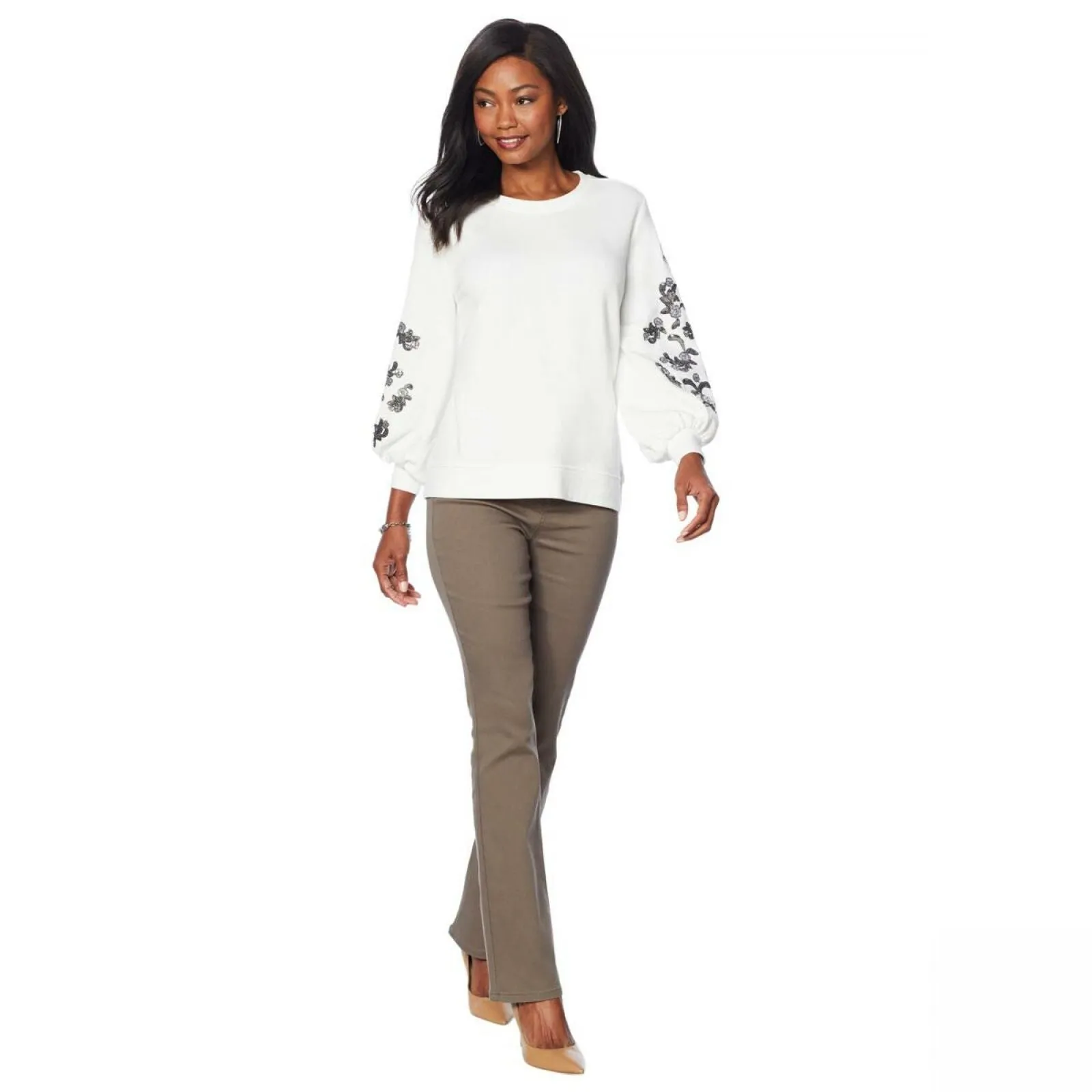 DG2 by Diane Gilman Women's Sequin Embellished Lantern Sleeve Sweatshirt