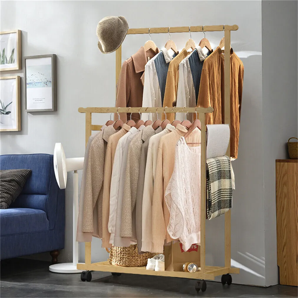 Double Rail Heavy Strong Rolling Clothes Rack With Trousers Rack Bottom Shelf