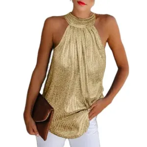 Double silver halter neck zipper sleeveless casual top