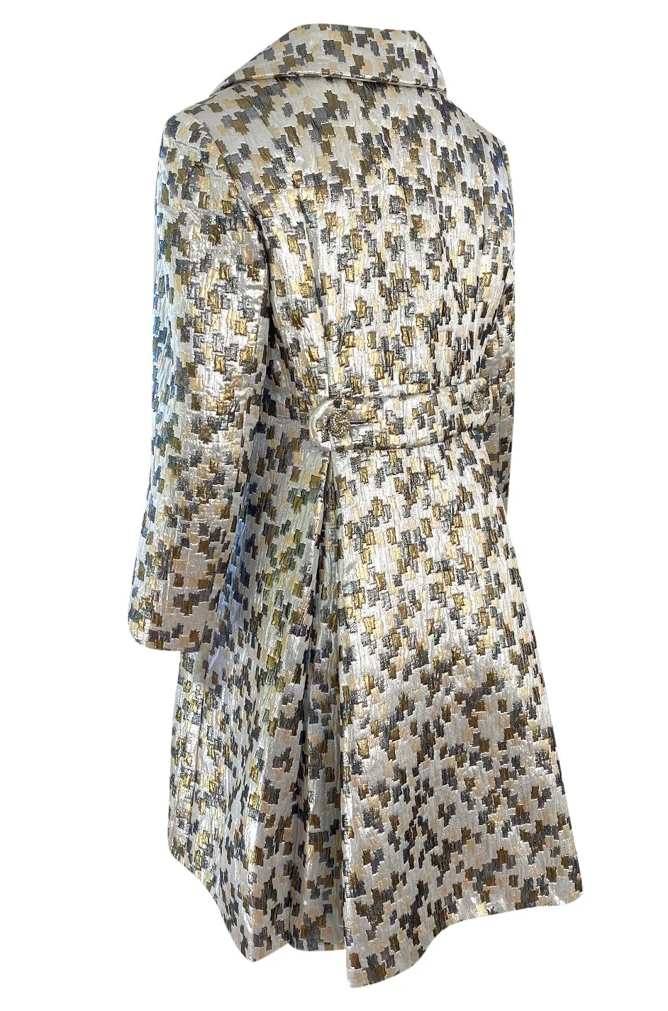 Early 1960s Ceil Chapman Gold & Silver Metallic Silk Brocade Coat w Crystal Buttons