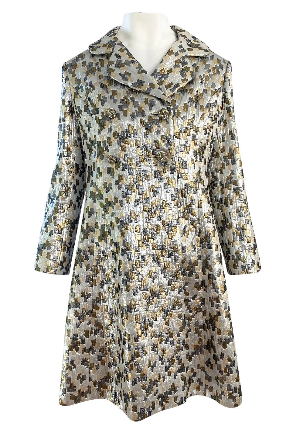 Early 1960s Ceil Chapman Gold & Silver Metallic Silk Brocade Coat w Crystal Buttons