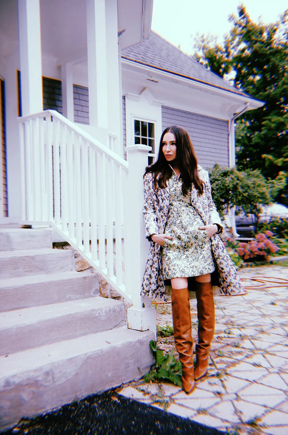 Early 1960s Ceil Chapman Gold & Silver Metallic Silk Brocade Coat w Crystal Buttons