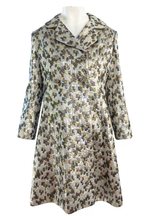 Early 1960s Ceil Chapman Gold & Silver Metallic Silk Brocade Coat w Crystal Buttons