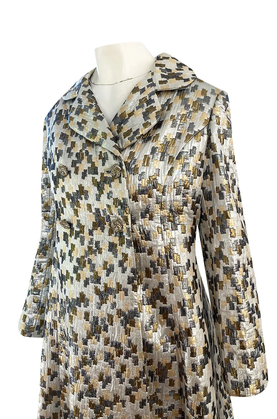 Early 1960s Ceil Chapman Gold & Silver Metallic Silk Brocade Coat w Crystal Buttons