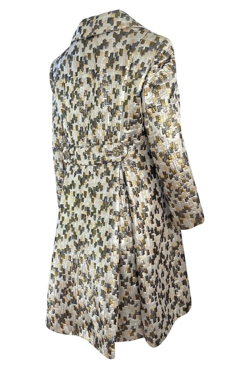 Early 1960s Ceil Chapman Gold & Silver Metallic Silk Brocade Coat w Crystal Buttons