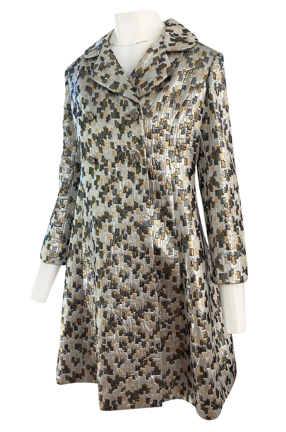 Early 1960s Ceil Chapman Gold & Silver Metallic Silk Brocade Coat w Crystal Buttons