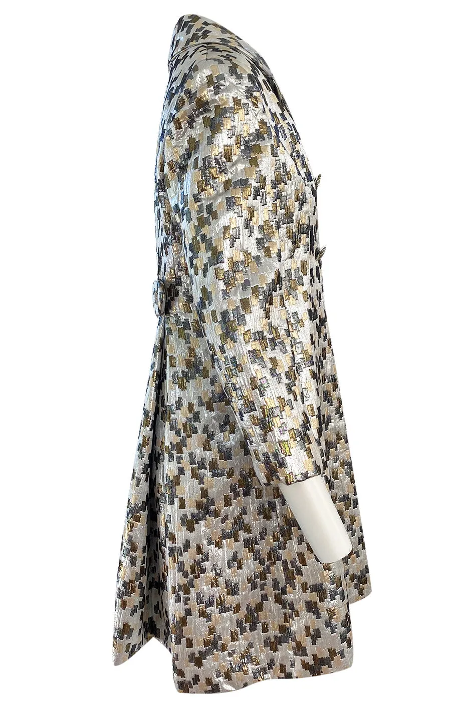 Early 1960s Ceil Chapman Gold & Silver Metallic Silk Brocade Coat w Crystal Buttons