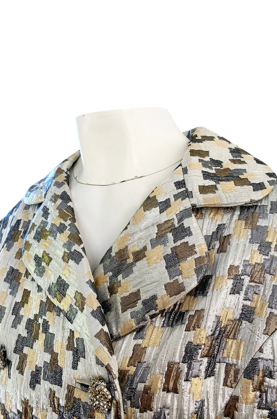 Early 1960s Ceil Chapman Gold & Silver Metallic Silk Brocade Coat w Crystal Buttons