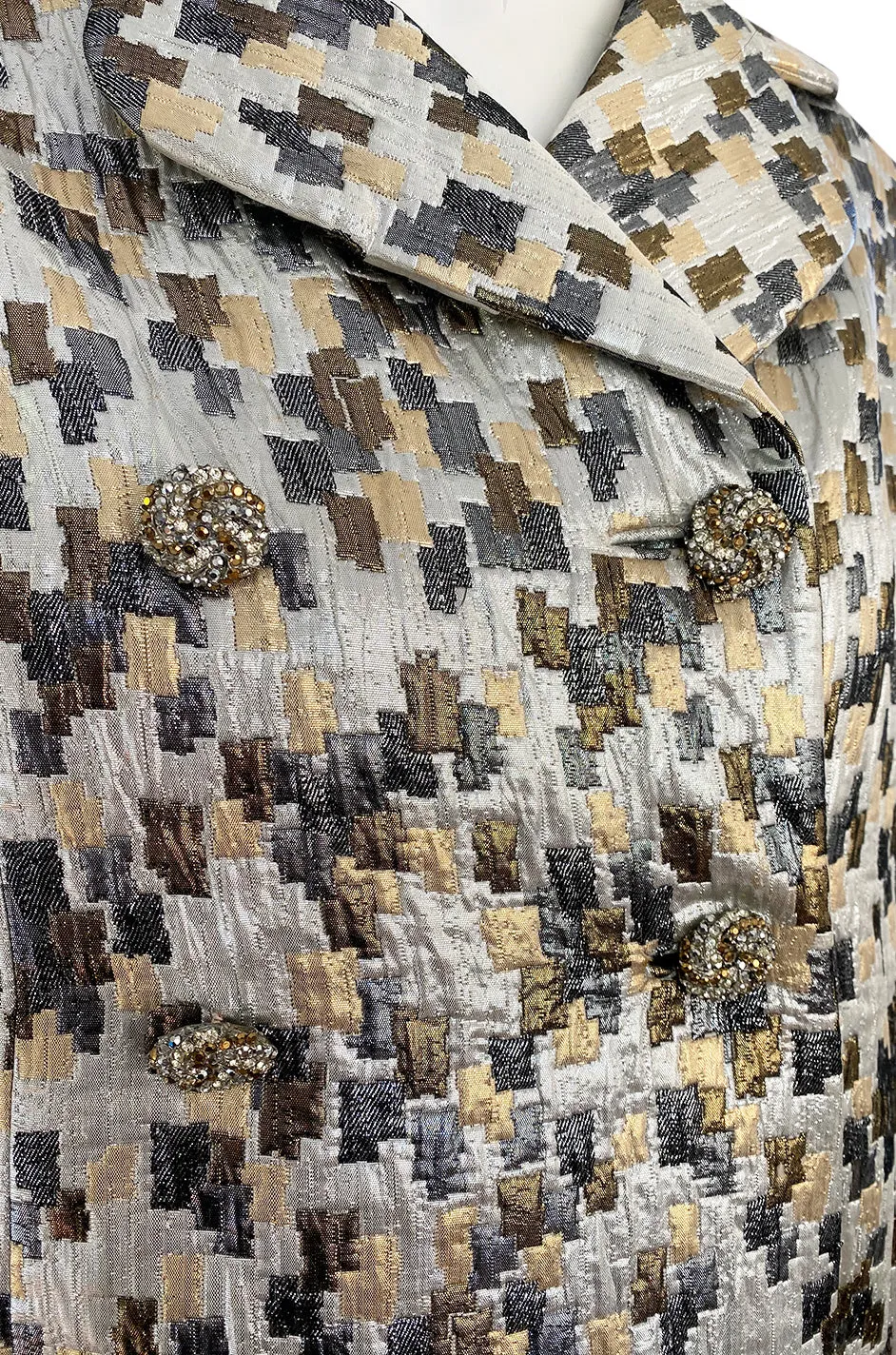 Early 1960s Ceil Chapman Gold & Silver Metallic Silk Brocade Coat w Crystal Buttons