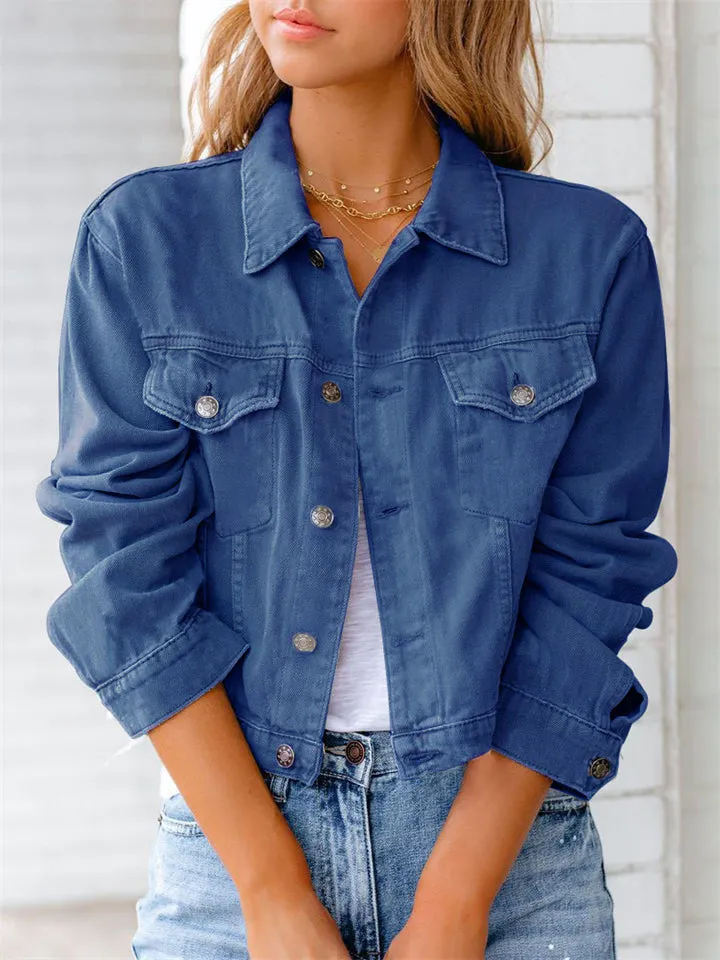 Elegant Temperament Chest Pocket Collar Button Denim Jacket