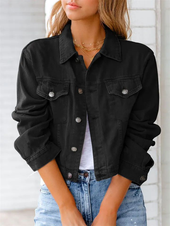 Elegant Temperament Chest Pocket Collar Button Denim Jacket