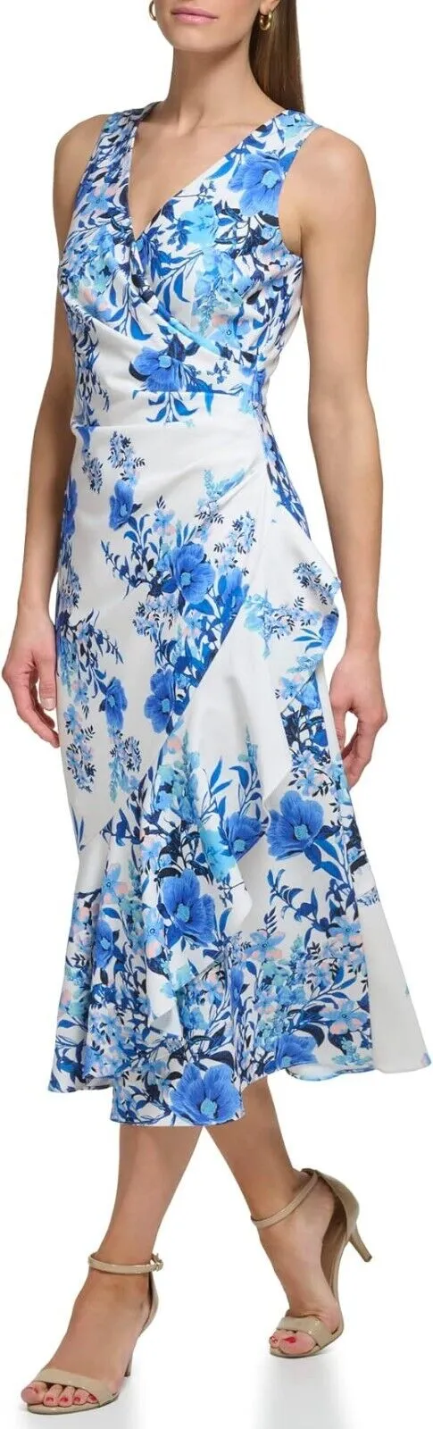 Eliza J Women Midi Style Printed Knit Sleeveless Vneck Floral Dress, Ivory Multi