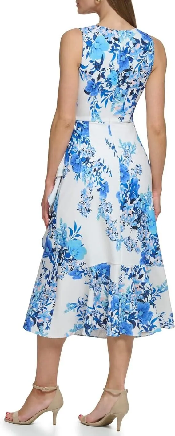 Eliza J Women Midi Style Printed Knit Sleeveless Vneck Floral Dress, Ivory Multi