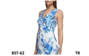 Eliza J Women Midi Style Printed Knit Sleeveless Vneck Floral Dress, Ivory Multi